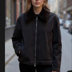 ATHLETA  Lined Sherpa Jacket Black Soft Cozy Moto